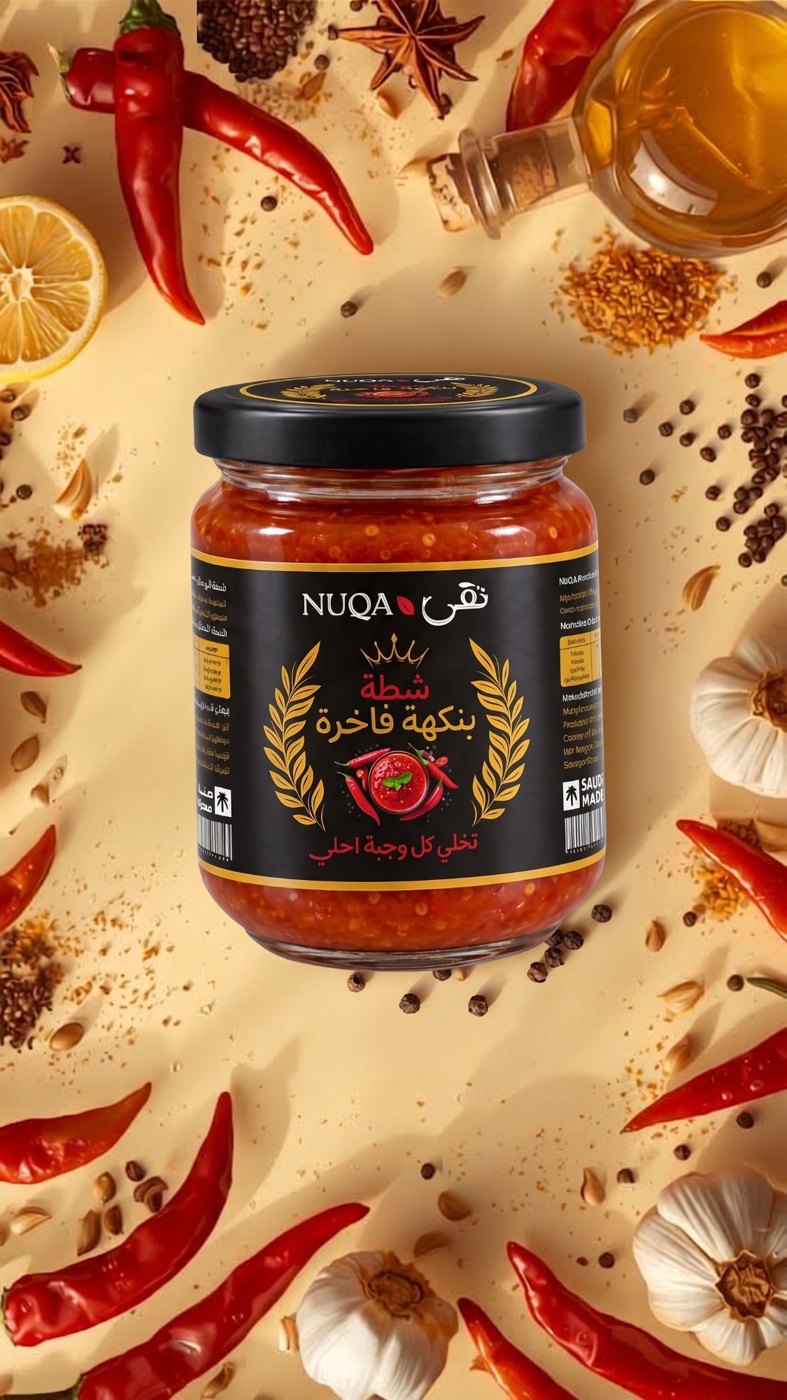 برطمان شطة نُقى ١٧٥ جرام على خلفية من الفلفل والثوم والليمون والتوابل
