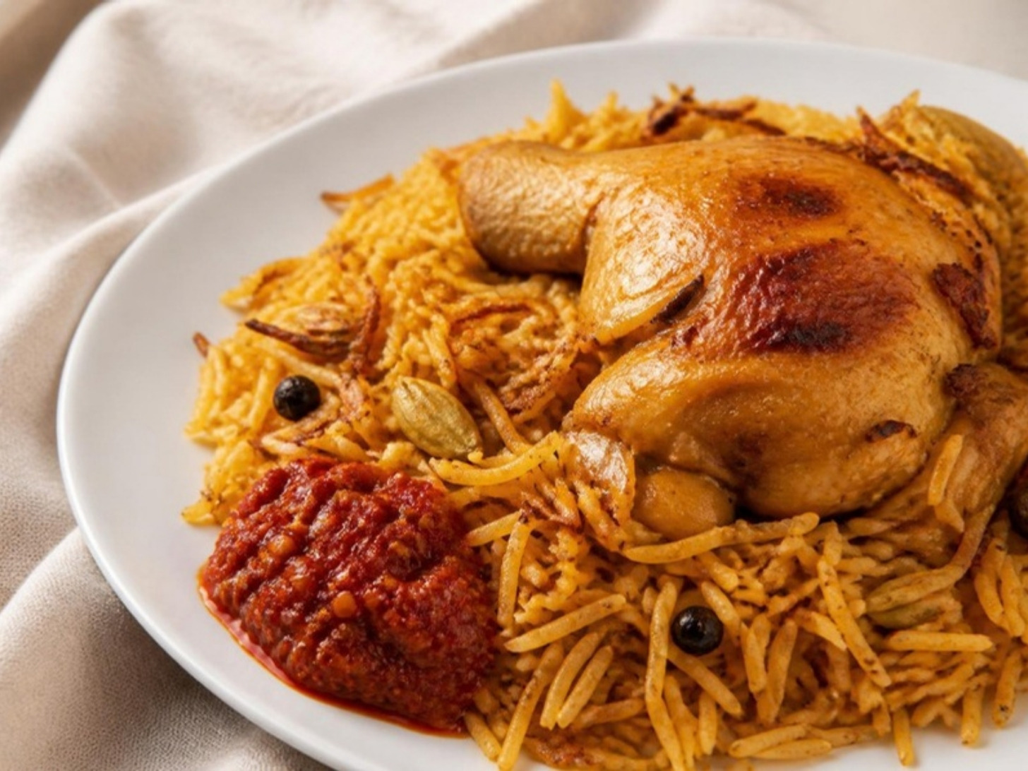طبق كبسة دجاج مع شطة نُقى